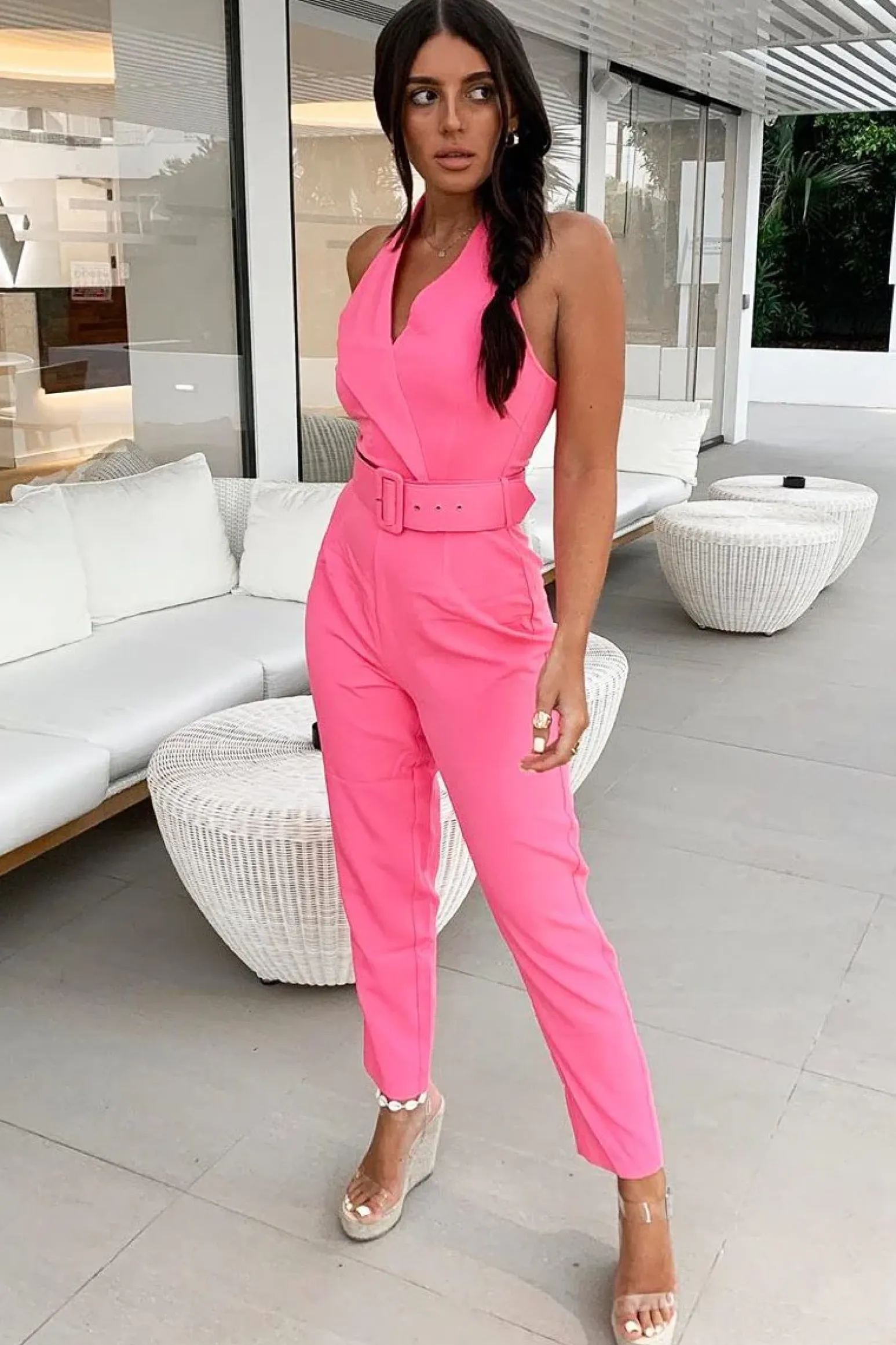 Rebellious Fashion Pink Plunge Front Belted Jumpsuit - Mykel