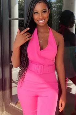 Rebellious Fashion Pink Plunge Front Belted Jumpsuit - Mykel