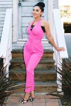 Rebellious Fashion Pink Plunge Front Belted Jumpsuit - Mykel