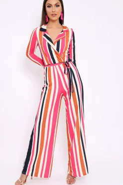 Rebellious Fashion Pink Plunge Front Multi Stripe Jumpsuit - Jara