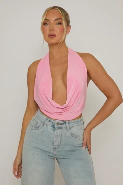 Rebellious Fashion Pink Plunge Halter Neck Top - Micah