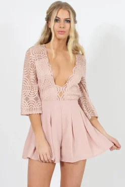 Rebellious Fashion Pink Plunge Lace Playsuit - Yasmine