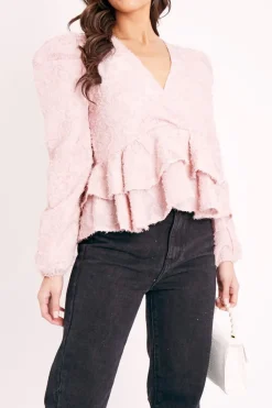 Rebellious Fashion Pink Plunge Neck Peplum Textured Blouse - Aagna