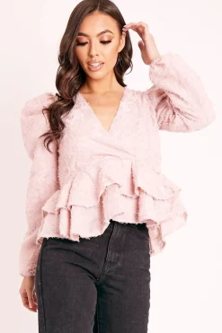 Rebellious Fashion Pink Plunge Neck Peplum Textured Blouse - Aagna