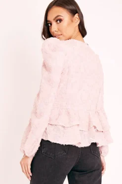 Rebellious Fashion Pink Plunge Neck Peplum Textured Blouse - Aagna