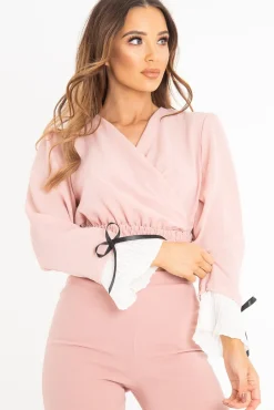 Rebellious Fashion Pink Plunge Shirred Waist Pleated Sleeve Blouse - Skylar