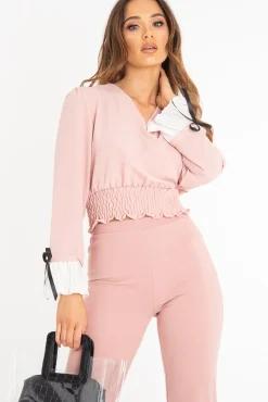 Rebellious Fashion Pink Plunge Shirred Waist Pleated Sleeve Blouse - Skylar