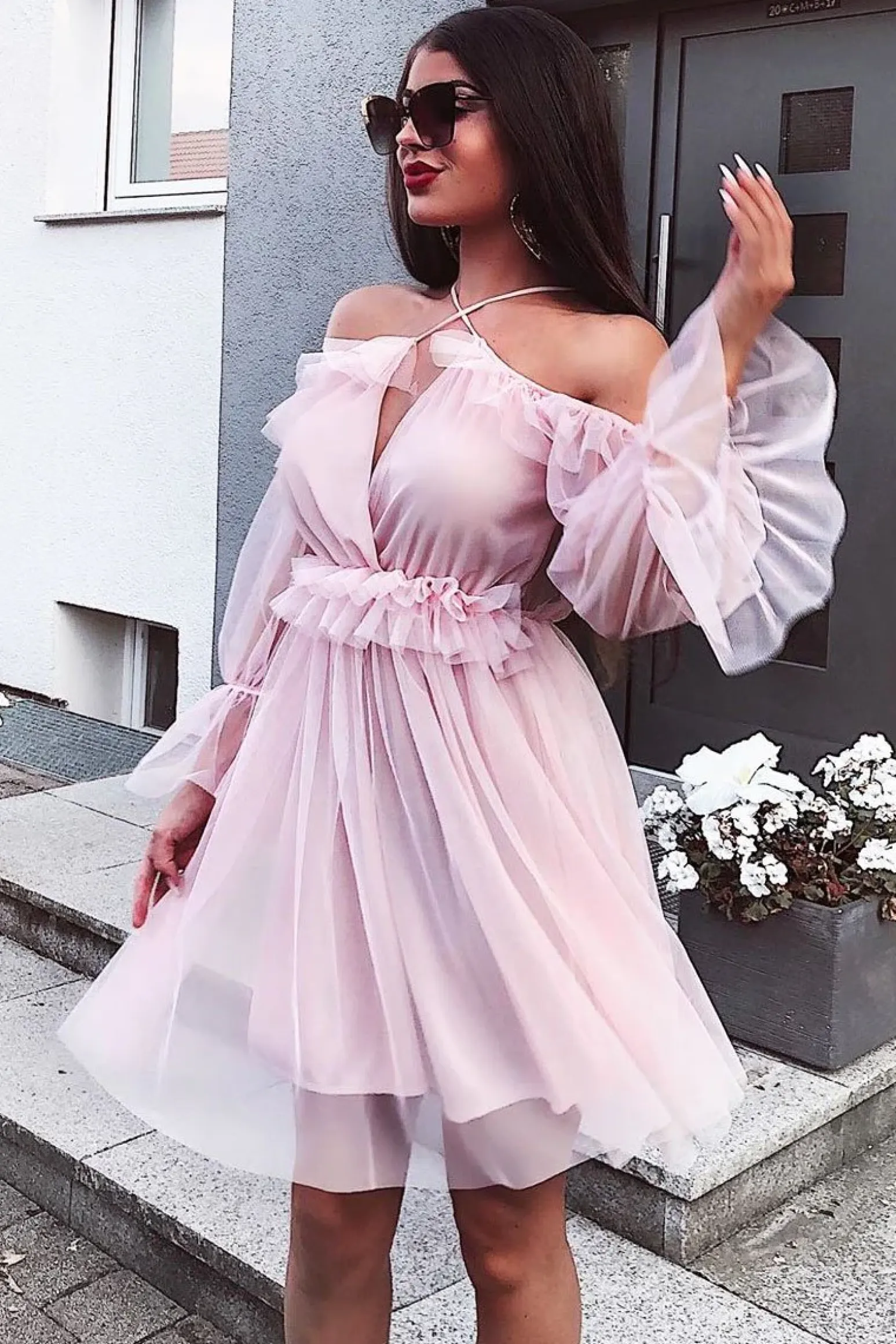 Rebellious Fashion Pink Plunge Tulle Ruffle Cross Back Dress - Aerial