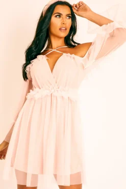 Rebellious Fashion Pink Plunge Tulle Ruffle Cross Back Dress - Aerial