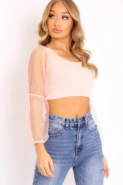 Rebellious Fashion Pink Polka Dot Organza Sleeve Crop Top - Bianca