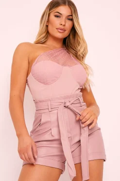 Rebellious Fashion Pink Polka Mesh Corset One Shoulder Bodysuit - Carrie