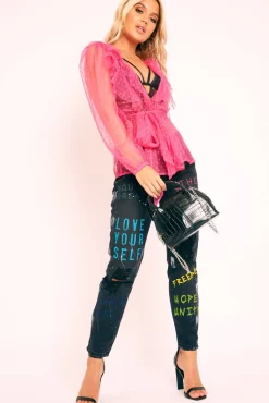 Rebellious Fashion Pink Polka Mesh Long Sleeve Ruffle Blouse - Lattie
