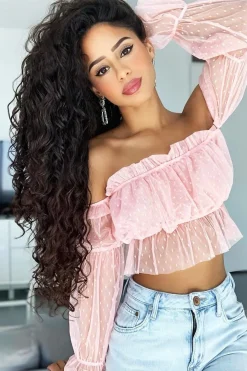 Rebellious Fashion Pink Polka Mesh Ruffle Bardot Crop Top - Aagna