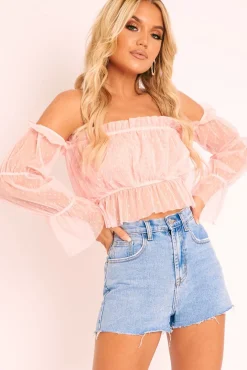 Rebellious Fashion Pink Polka Mesh Ruffle Bardot Crop Top - Aagna