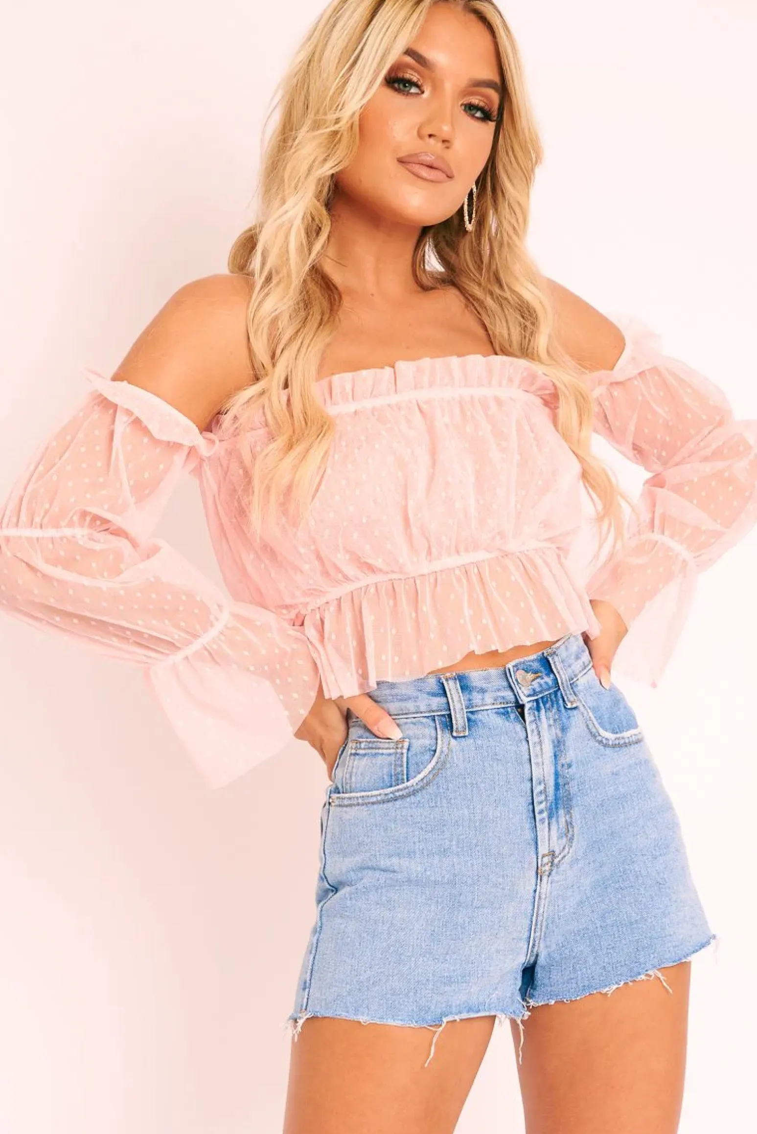 Rebellious Fashion Pink Polka Mesh Ruffle Bardot Crop Top - Aagna