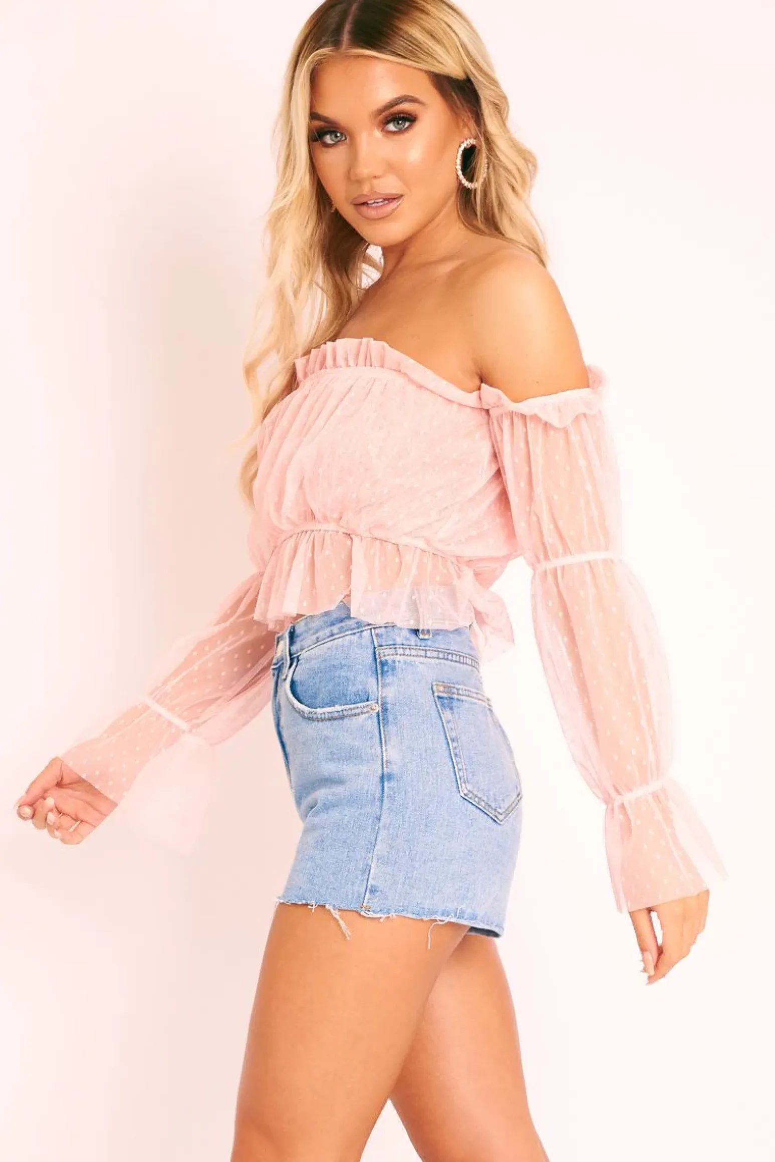 Rebellious Fashion Pink Polka Mesh Ruffle Bardot Crop Top - Aagna