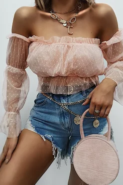 Rebellious Fashion Pink Polka Mesh Ruffle Bardot Crop Top - Aagna