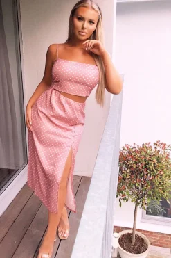 Rebellious Fashion Pink Polka Midi Skirt and Crop Top Co-ord - Viktoriya