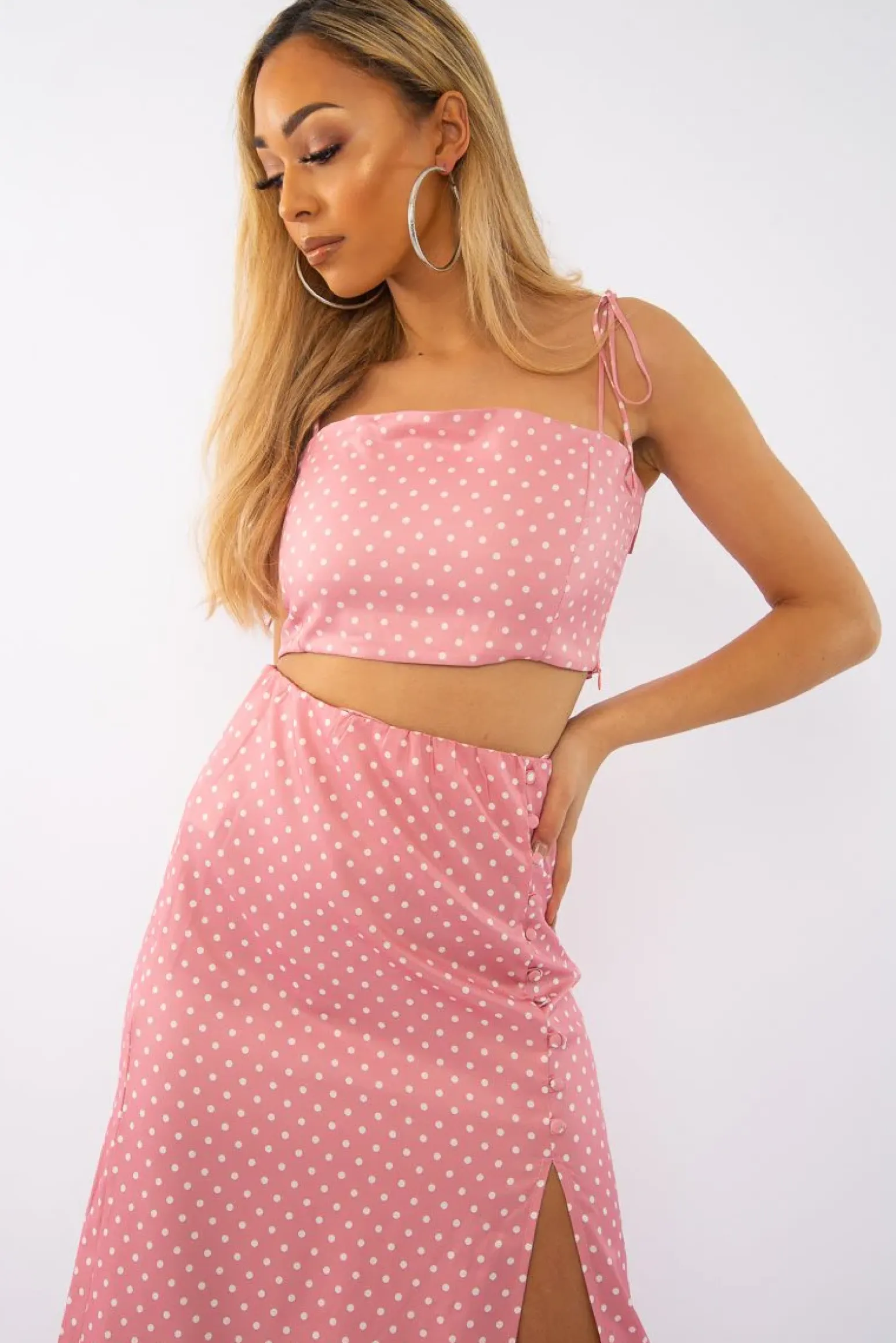 Rebellious Fashion Pink Polka Midi Skirt and Crop Top Co-ord - Viktoriya