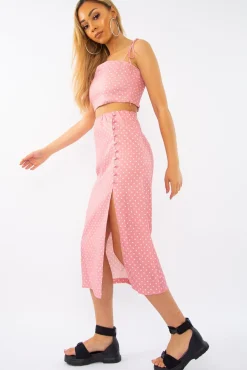 Rebellious Fashion Pink Polka Midi Skirt and Crop Top Co-ord - Viktoriya