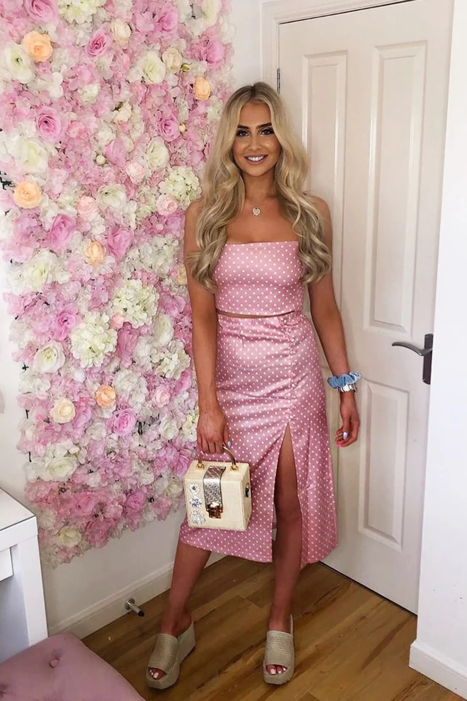 Rebellious Fashion Pink Polka Midi Skirt and Crop Top Co-ord - Viktoriya
