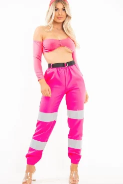 Rebellious Fashion Pink Reflective Belted Trousers - Gennie