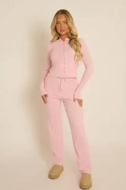Rebellious Fashion Pink Ribbed Button Front Long Sleeve Top and Trouser Co-Ord - Giselle
