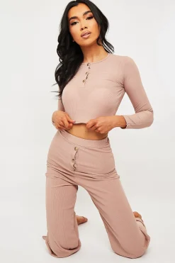 Rebellious Fashion Pink Ribbed Button Front Top + Trouser Co-ord - Emani
