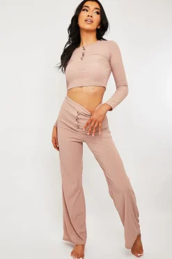 Rebellious Fashion Pink Ribbed Button Front Top + Trouser Co-ord - Emani