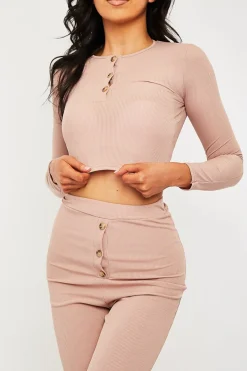 Rebellious Fashion Pink Ribbed Button Front Top + Trouser Co-ord - Emani