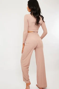 Rebellious Fashion Pink Ribbed Button Front Top + Trouser Co-ord - Emani