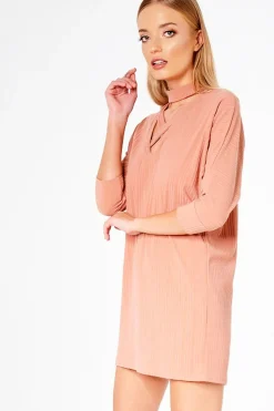Rebellious Fashion Pink Ribbed Choker Cross Strap Mini Dress - Meghann