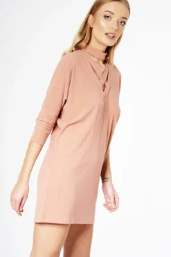 Rebellious Fashion Pink Ribbed Choker Cross Strap Mini Dress - Meghann