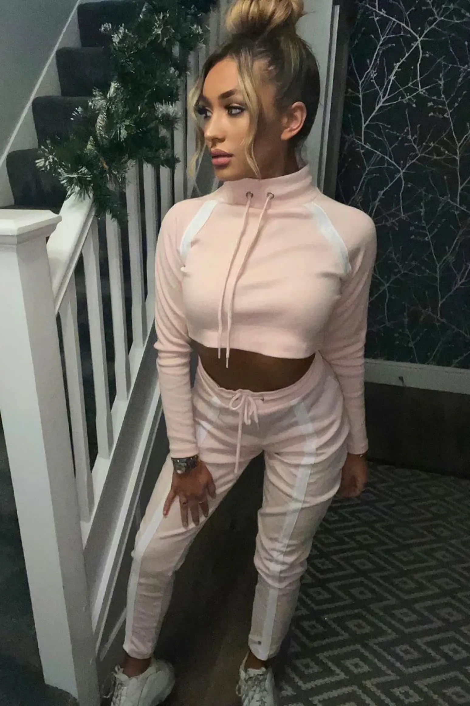 Rebellious Fashion Pink Ribbed Contrast Stripe Loungewear Set - Abiah