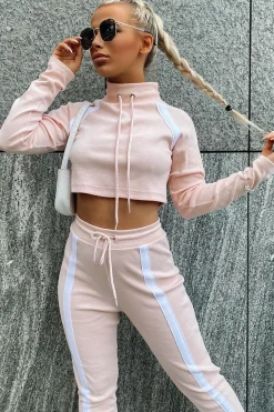 Rebellious Fashion Pink Ribbed Contrast Stripe Loungewear Set - Abiah