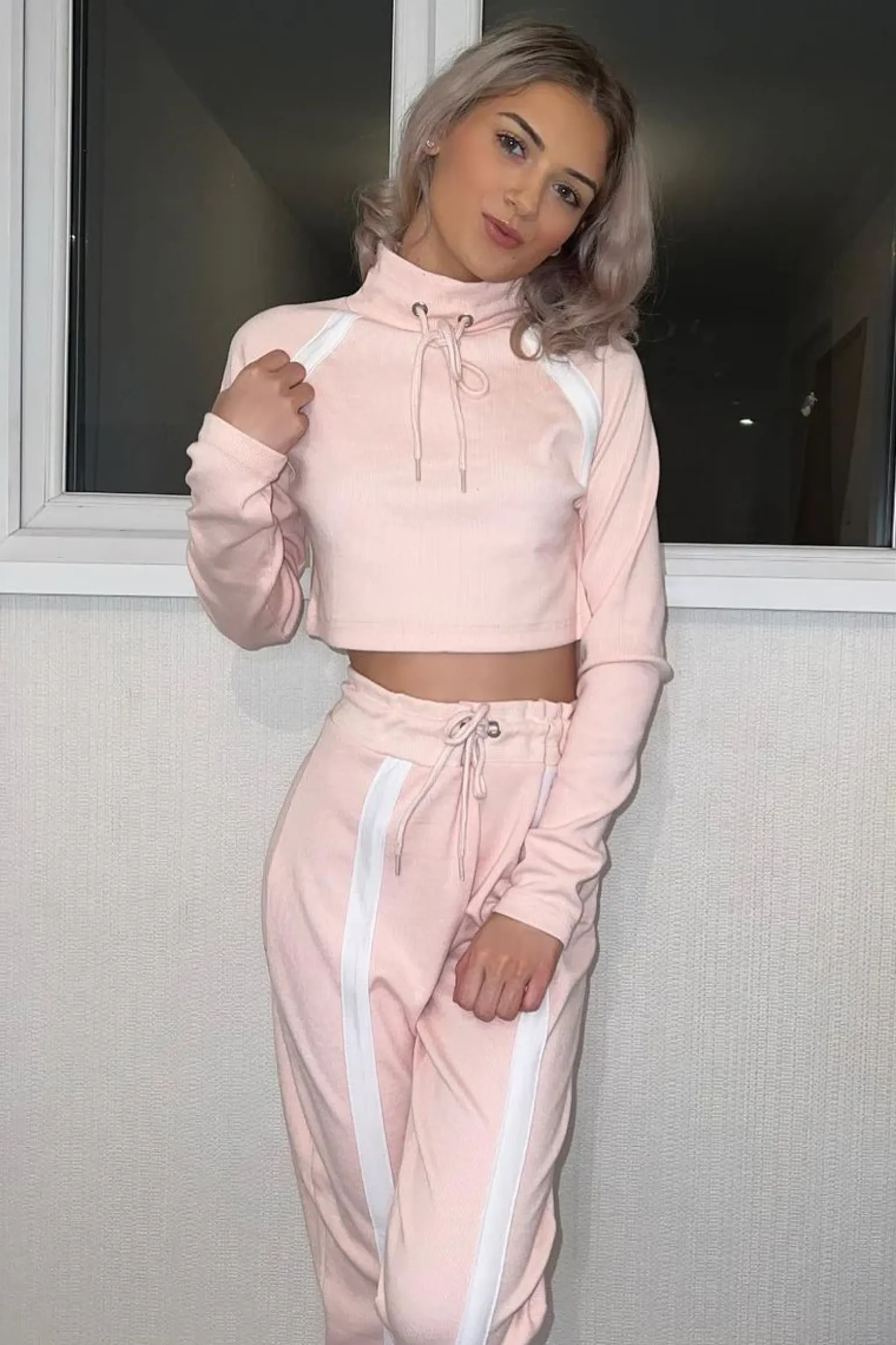 Rebellious Fashion Pink Ribbed Contrast Stripe Loungewear Set - Abiah