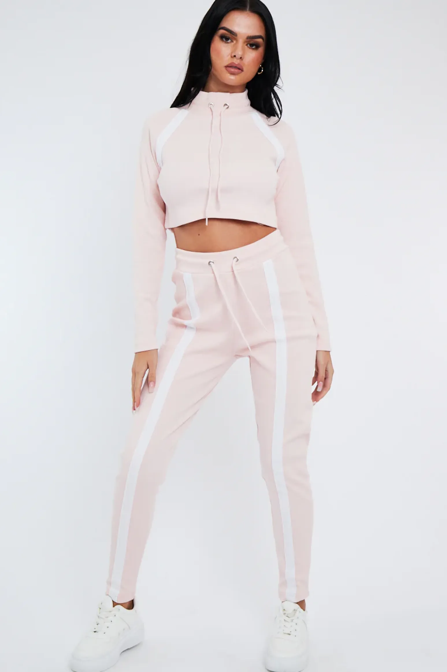 Rebellious Fashion Pink Ribbed Contrast Stripe Loungewear Set - Abiah
