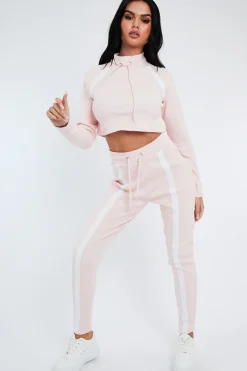 Rebellious Fashion Pink Ribbed Contrast Stripe Loungewear Set - Abiah