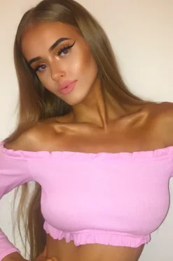 Rebellious Fashion Pink Ribbed Frill Bardot Crop Top - Cassidy