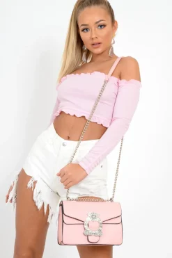 Rebellious Fashion Pink Ribbed Frill Bardot Crop Top - Cassidy