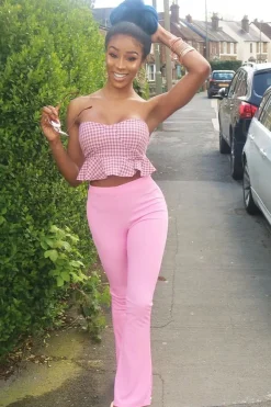 Rebellious Fashion Pink Ribbed Kick Flare Trousers - Chlo