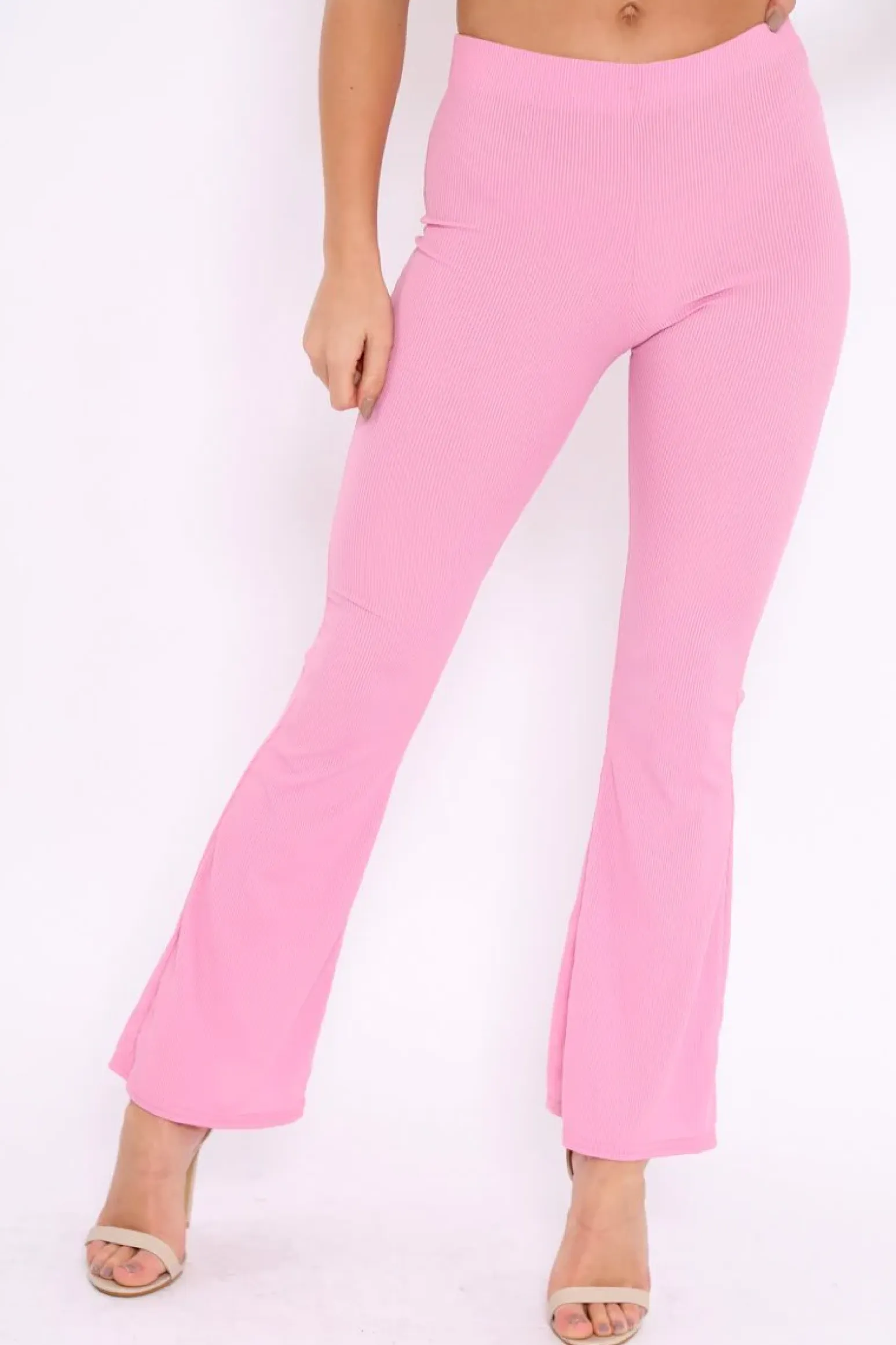 Rebellious Fashion Pink Ribbed Kick Flare Trousers - Chlo