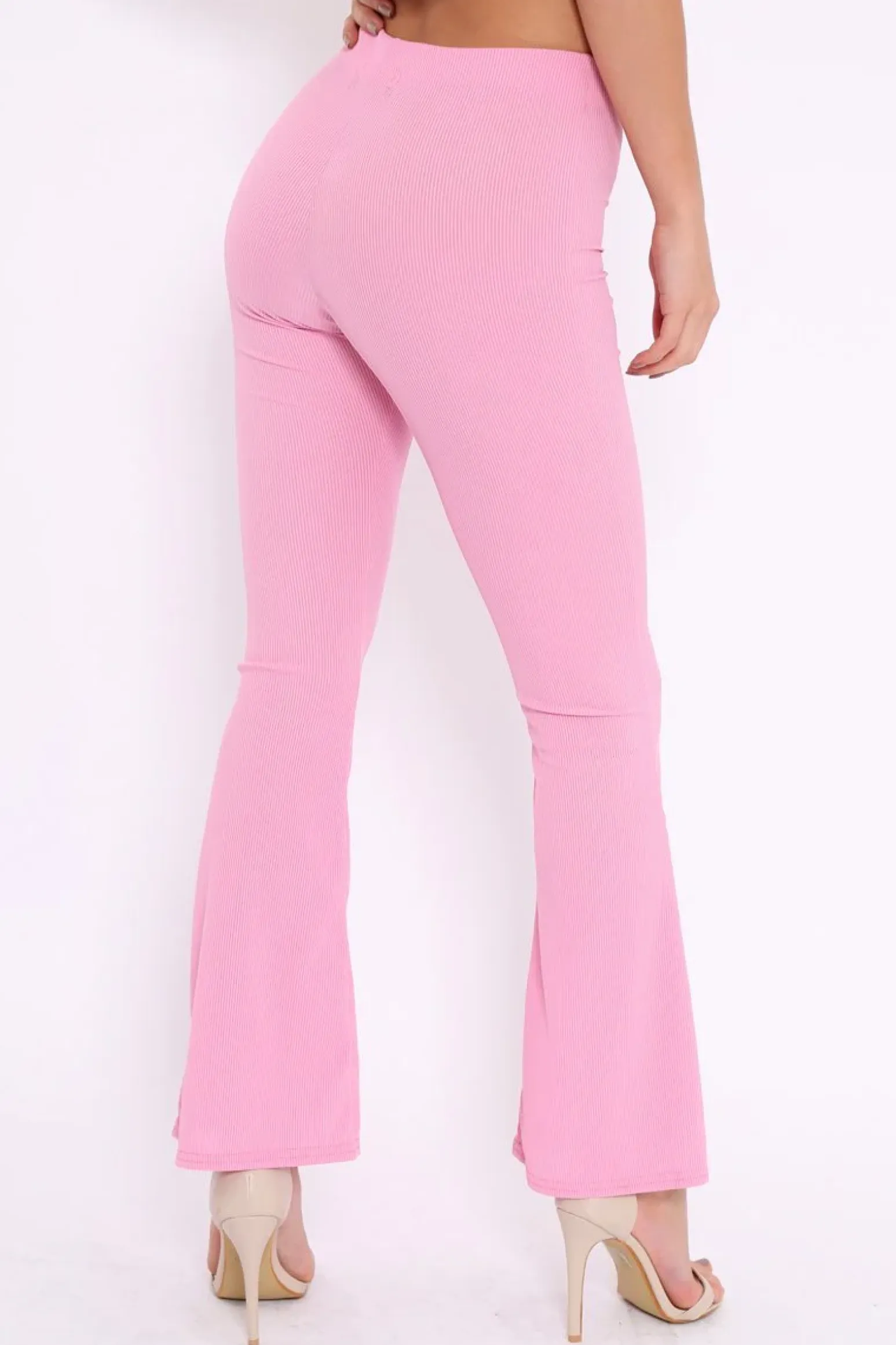 Rebellious Fashion Pink Ribbed Kick Flare Trousers - Chlo