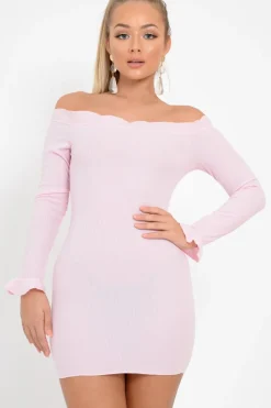 Rebellious Fashion Pink Ribbed Ruffle Long Sleeve Bardot Dress - Madison
