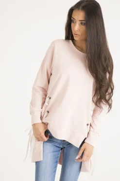 Rebellious Fashion Pink Ribbon Lace Up Dipped Hem Jumper - Wilma