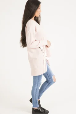 Rebellious Fashion Pink Ribbon Lace Up Dipped Hem Jumper - Wilma