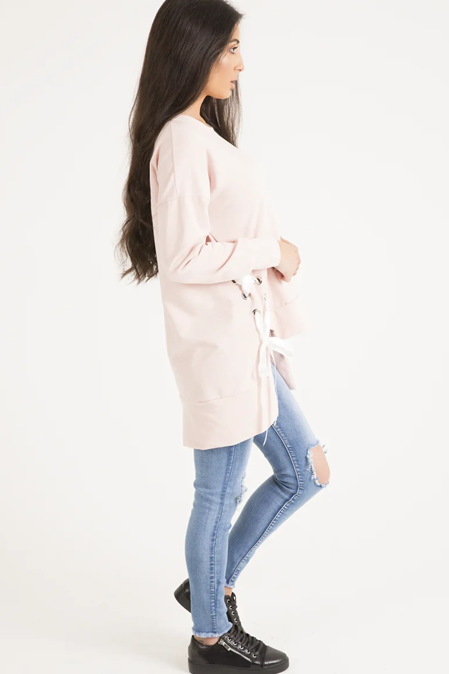 Rebellious Fashion Pink Ribbon Lace Up Dipped Hem Jumper - Wilma