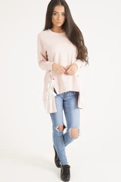 Rebellious Fashion Pink Ribbon Lace Up Dipped Hem Jumper - Wilma