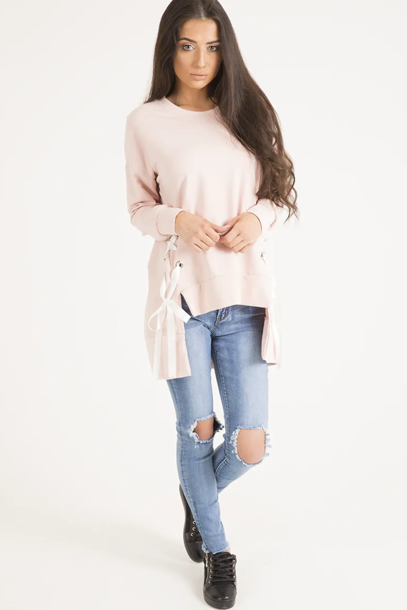 Rebellious Fashion Pink Ribbon Lace Up Dipped Hem Jumper - Wilma