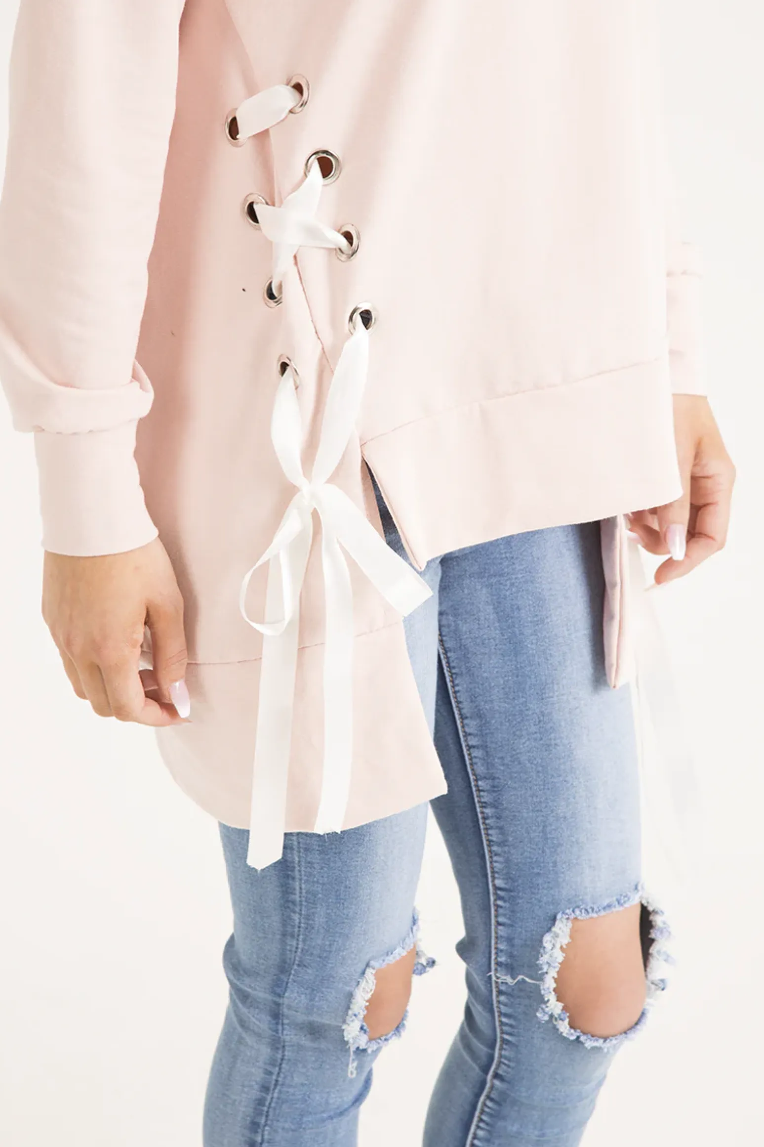 Rebellious Fashion Pink Ribbon Lace Up Dipped Hem Jumper - Wilma
